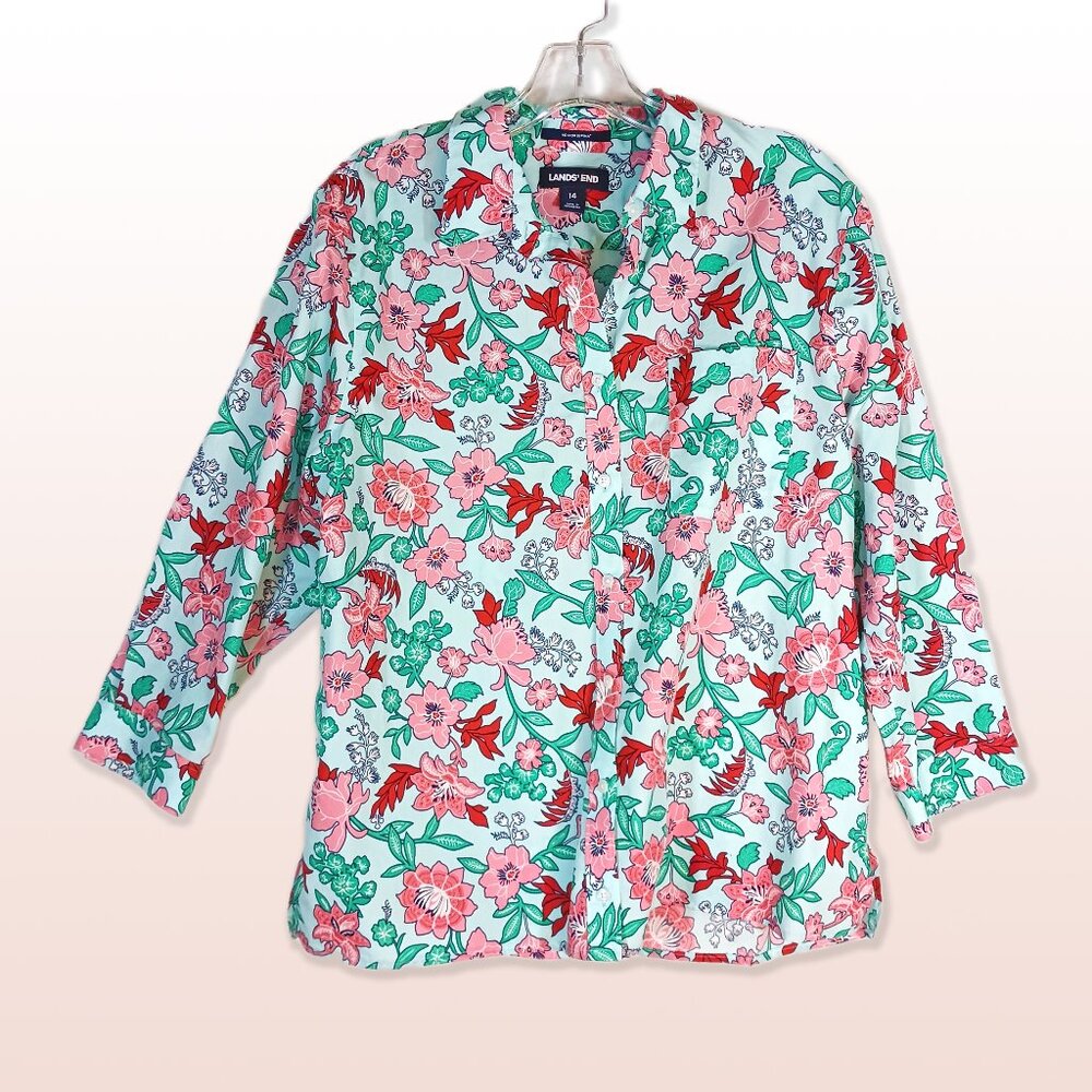 Land’s End Women’s Floral Cotton Shirt 3/4 Sleeve Button Down Size 14